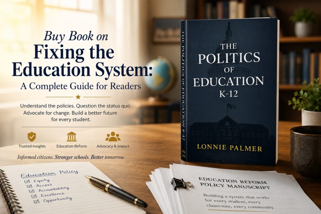 Professional banner featuring the book 'Politics of Education K-12' by Lonnie Palmer, focusing on fixing the education system.