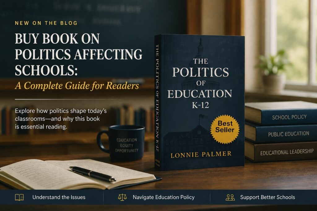A professional blog banner featuring the book 'Politics of Education K-12' by Lonnie Palmer, highlighting its focus on political impacts on schools.