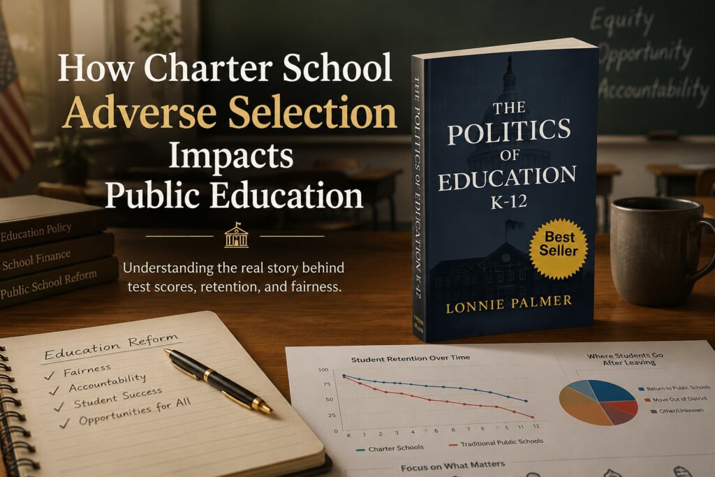 Professional blog banner featuring the book Politics of Education K-12 by Lonnie Palmer with education policy and charter school reform visuals representing adverse selection and public education challenges.