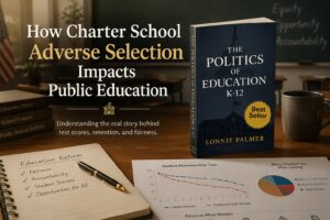 Professional blog banner featuring the book Politics of Education K-12 by Lonnie Palmer with education policy and charter school reform visuals representing adverse selection and public education challenges.