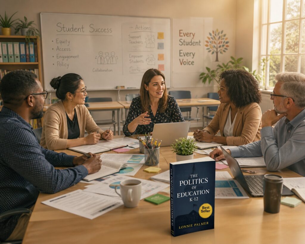 Diverse educators discussing K-12 policy and leadership in a modern classroom with the book Politics of Education K-12 by Lonnie Palmer displayed on a table