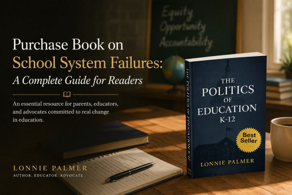 A professional blog banner featuring the book Politics of Education K-12 by Lonnie Palmer, highlighting the importance of addressing school system failures.