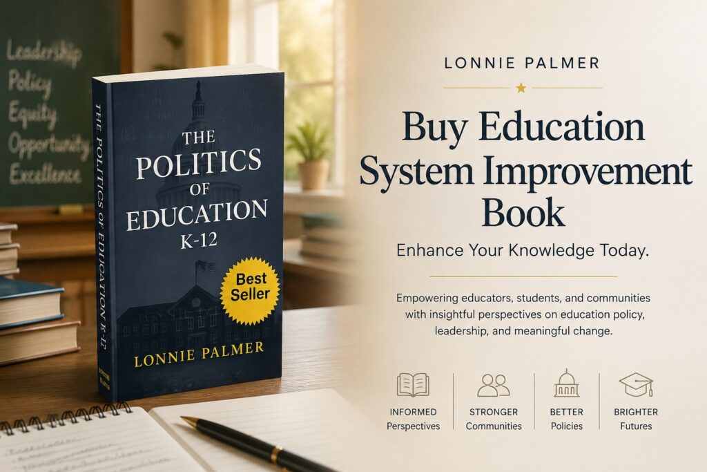 Professional blog banner featuring the Politics of Education K-12 book cover, illustrating the theme of education system improvement.
