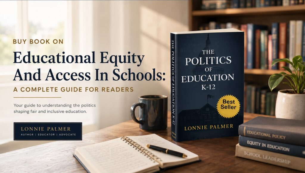 A professional blog banner featuring the book 'Politics of Education K-12' by Lonnie Palmer, focusing on educational equity and access in schools.