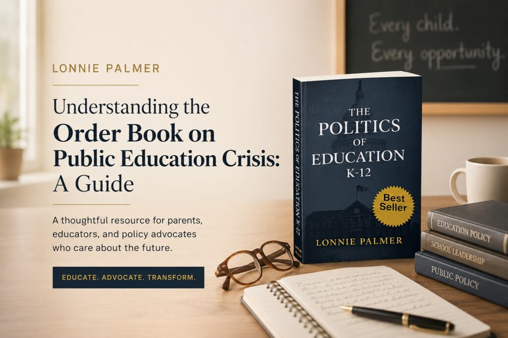 Cover of the Order Book on Public Education Crisis by Lonnie Palmer, showcasing the challenges in K-12 education and policy insights.