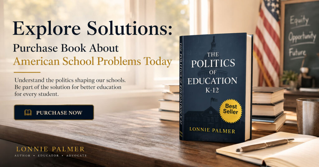Cover of Politics of Education K-12, a book addressing American school problems and offering solutions for educators and policymakers.