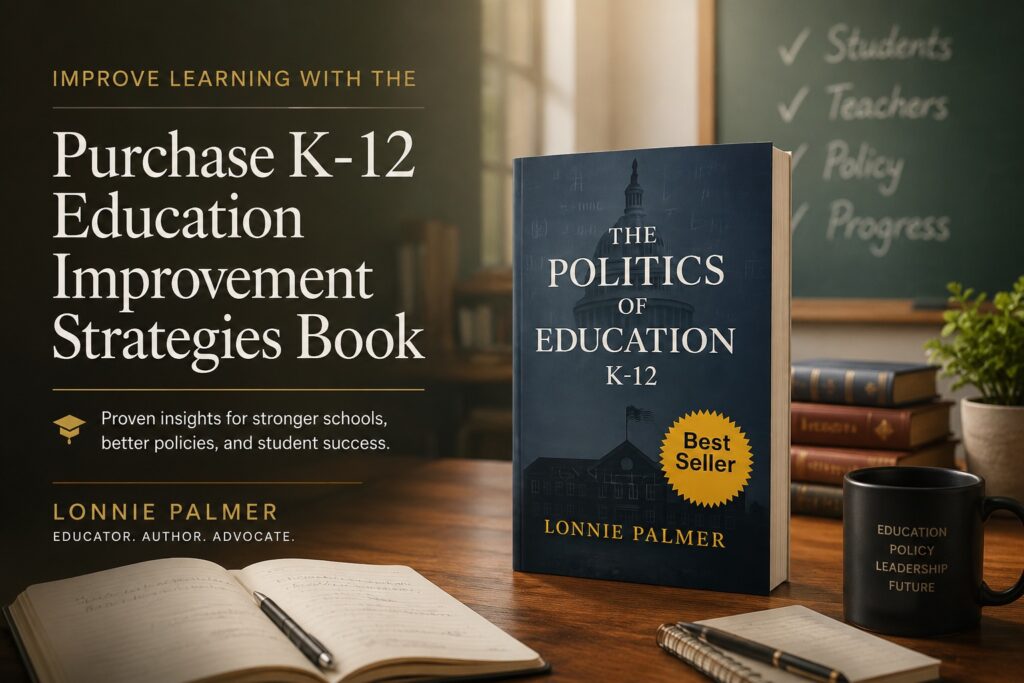 Cover of the Purchase K-12 Education Improvement Strategies Book by Lonnie Palmer, showcasing educational themes and improvement strategies.