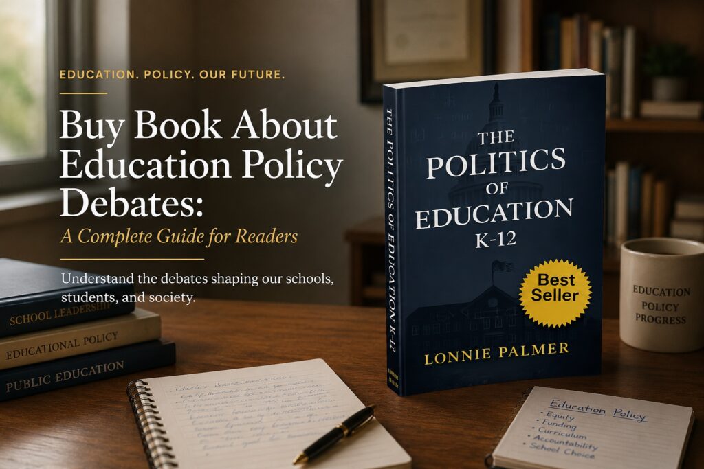 A professional blog banner showcasing the book 'Politics of Education K-12' by Lonnie Palmer, emphasizing education policy debates.