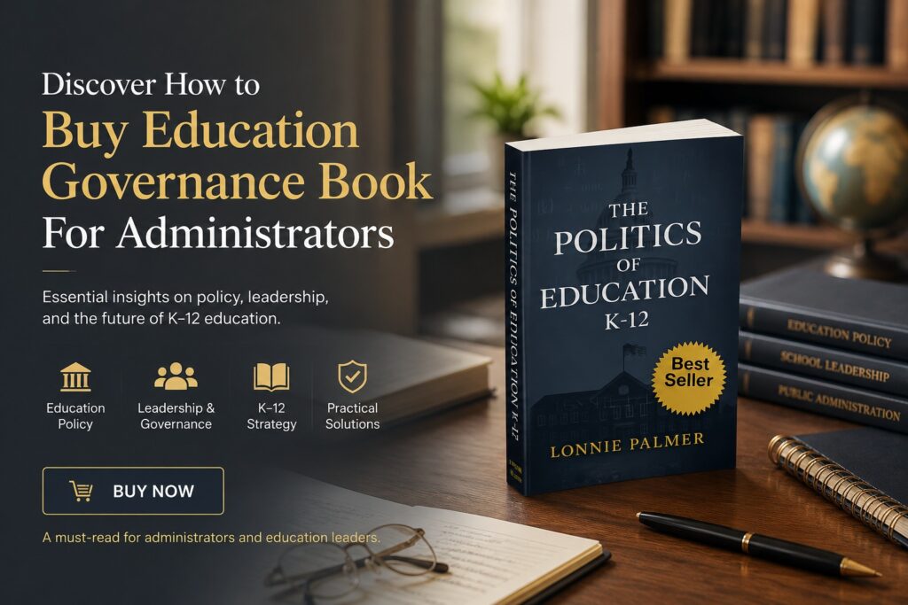A professional blog banner featuring the book 'Politics of Education K-12' by Lonnie Palmer, focusing on education governance for administrators.